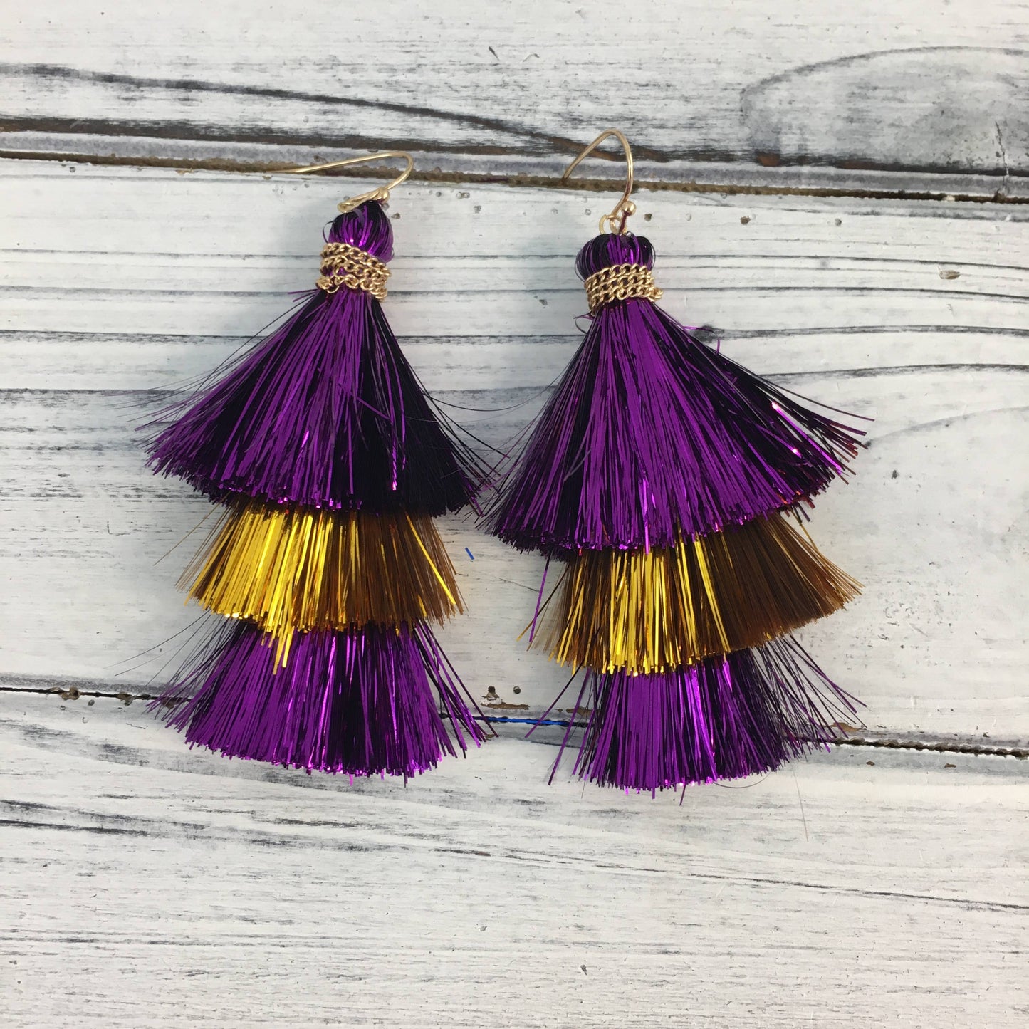Purple and Gold tinsel earrings