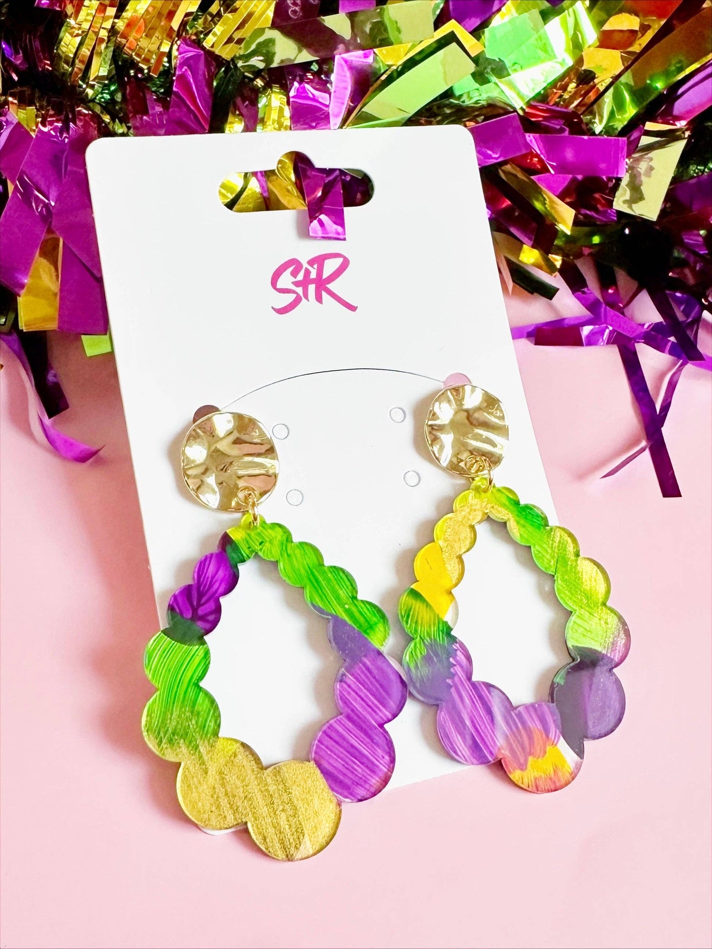 Colorful Mardi Gras art print featuring Jolene by Sandy + Rizzo, showcasing vibrant beads and festive Mardi Gras elements.