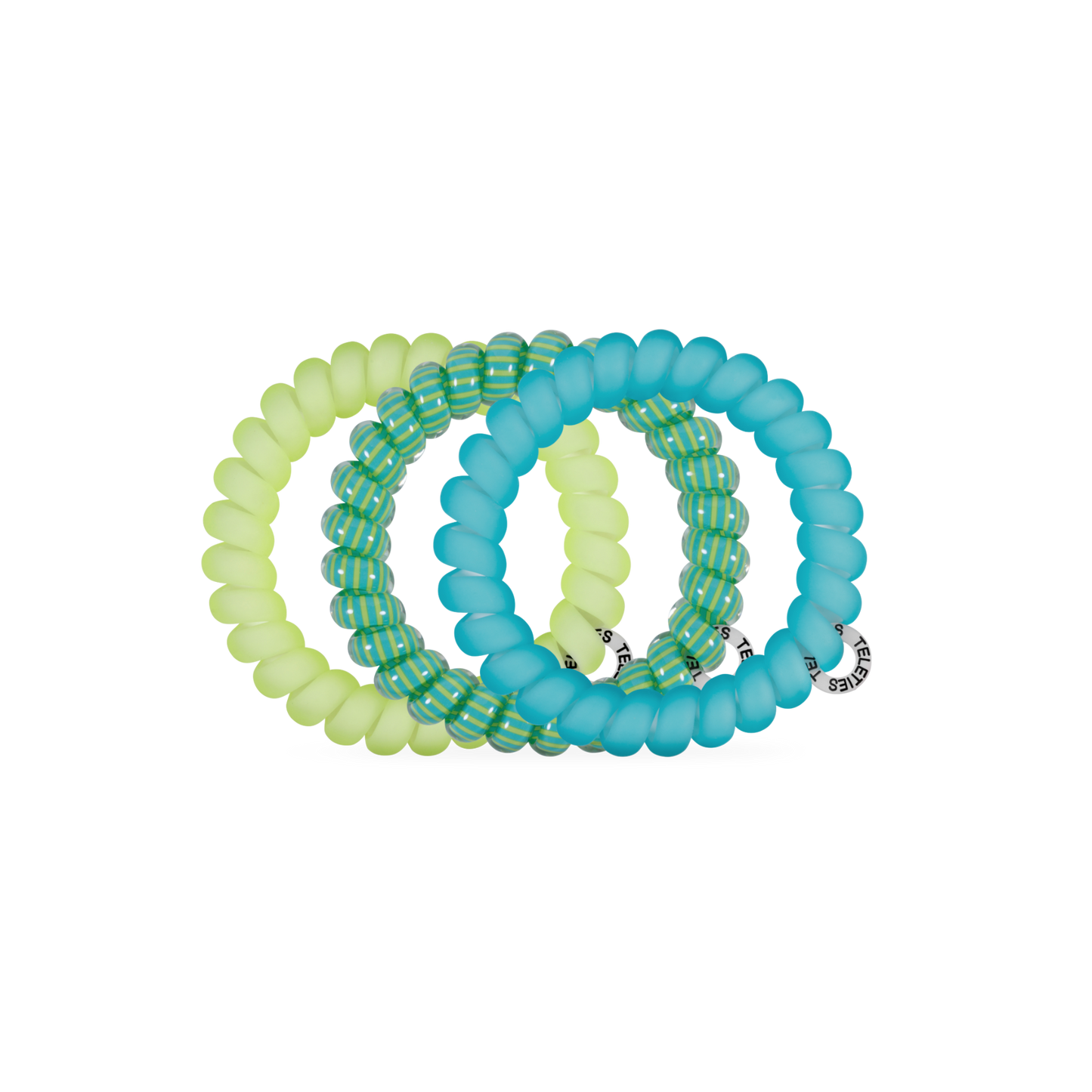 Large TELETIES Cabana Cutie hair ties in vibrant colors, shown coiled and ready to secure hair with a stylish, flexible design.