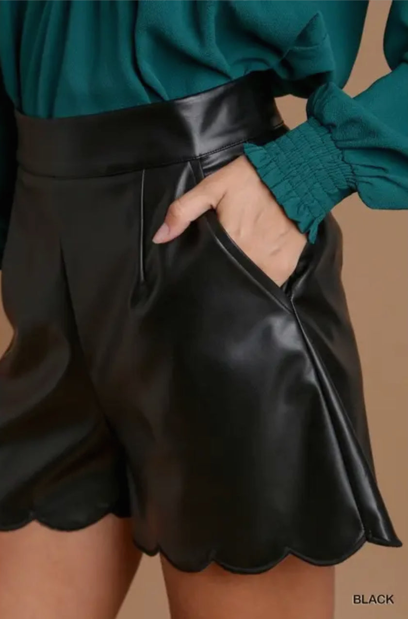 Piper Faux Leather Scalloped Shorts- Black