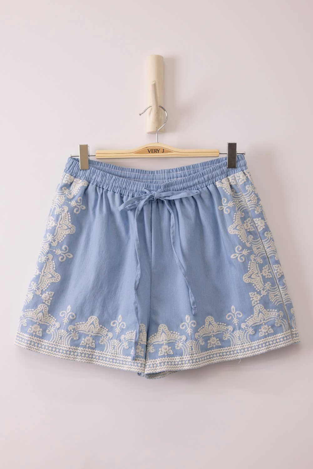 Washed Chambray Embroidered Shorts