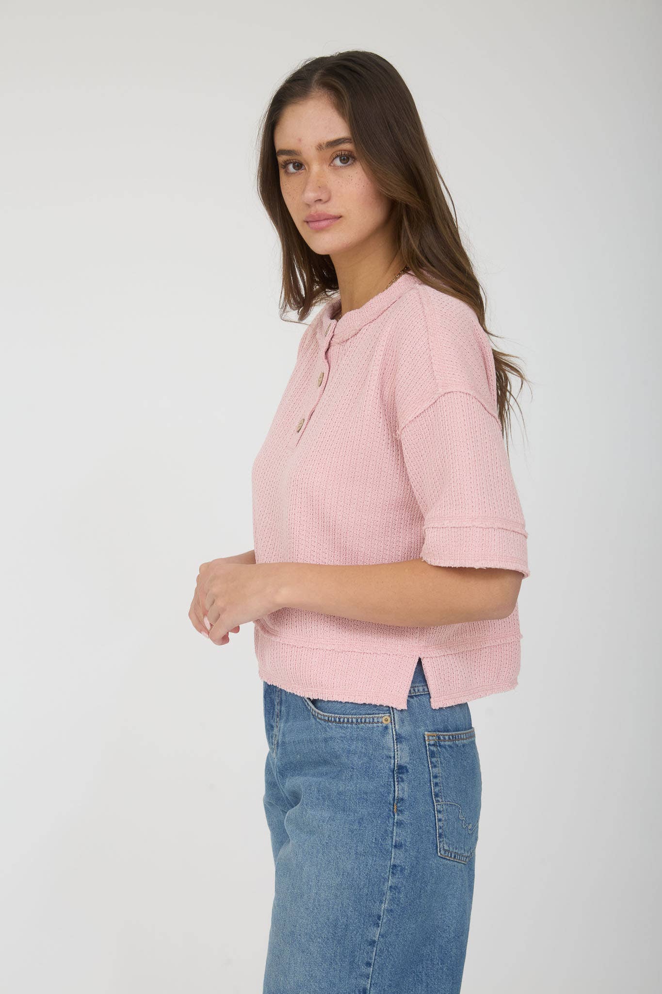 Blu Pepper RAW EDGE Henley short sleeve waffle knit top with a casual, textured design and raw edge details.