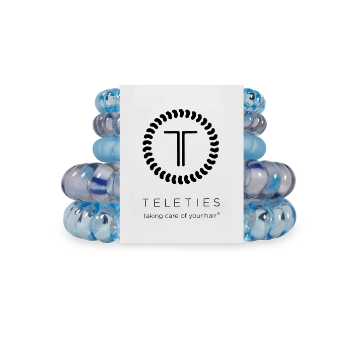 Blue Lagoon Mix Pack TELETIES hair ties in various shades, stretchy and gentle on hair, suitable for all hair types.