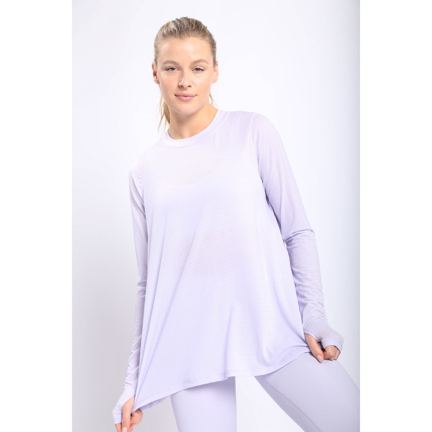 Sheer Striped Mesh Long Sleeve Active Top- Purple