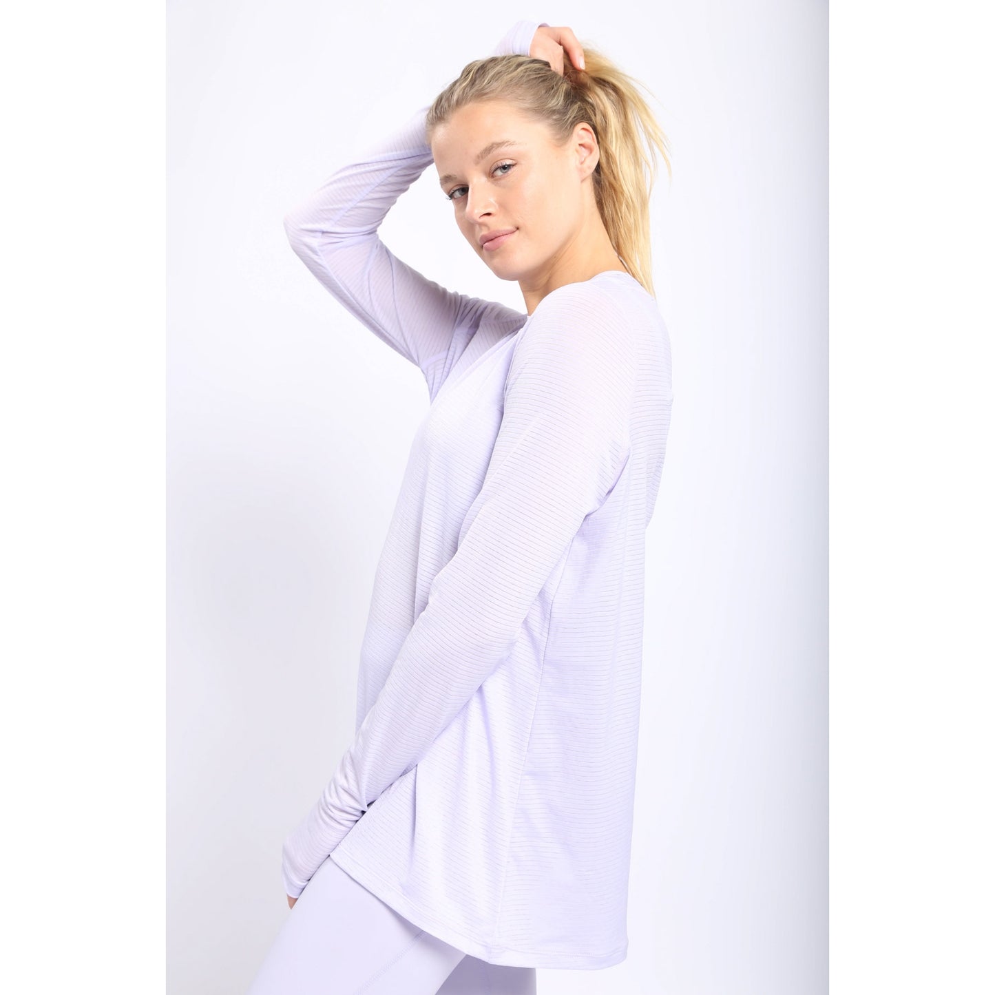 Sheer Striped Mesh Long Sleeve Active Top- Purple