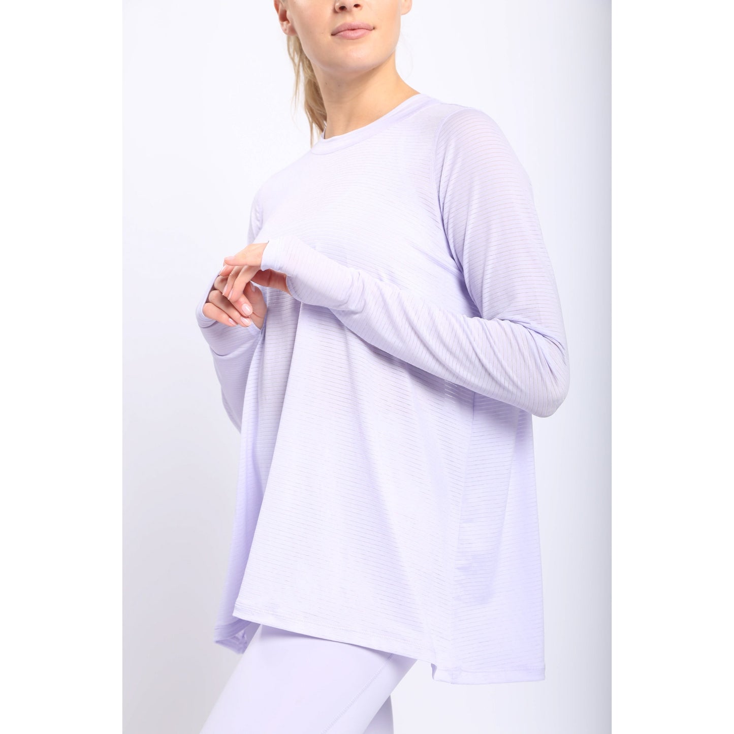 Sheer Striped Mesh Long Sleeve Active Top- Purple