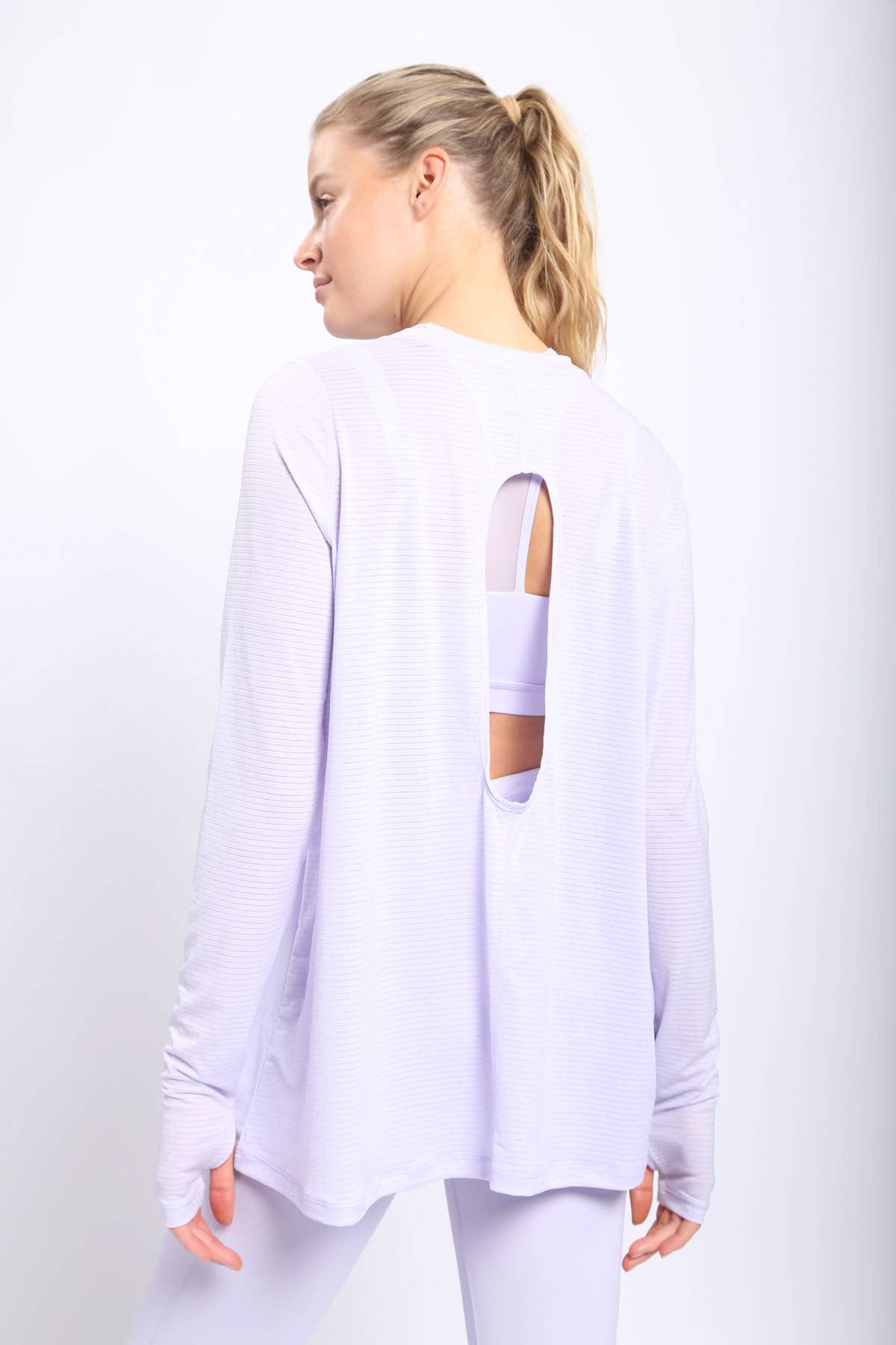 Sheer Striped Mesh Long Sleeve Active Top- Purple