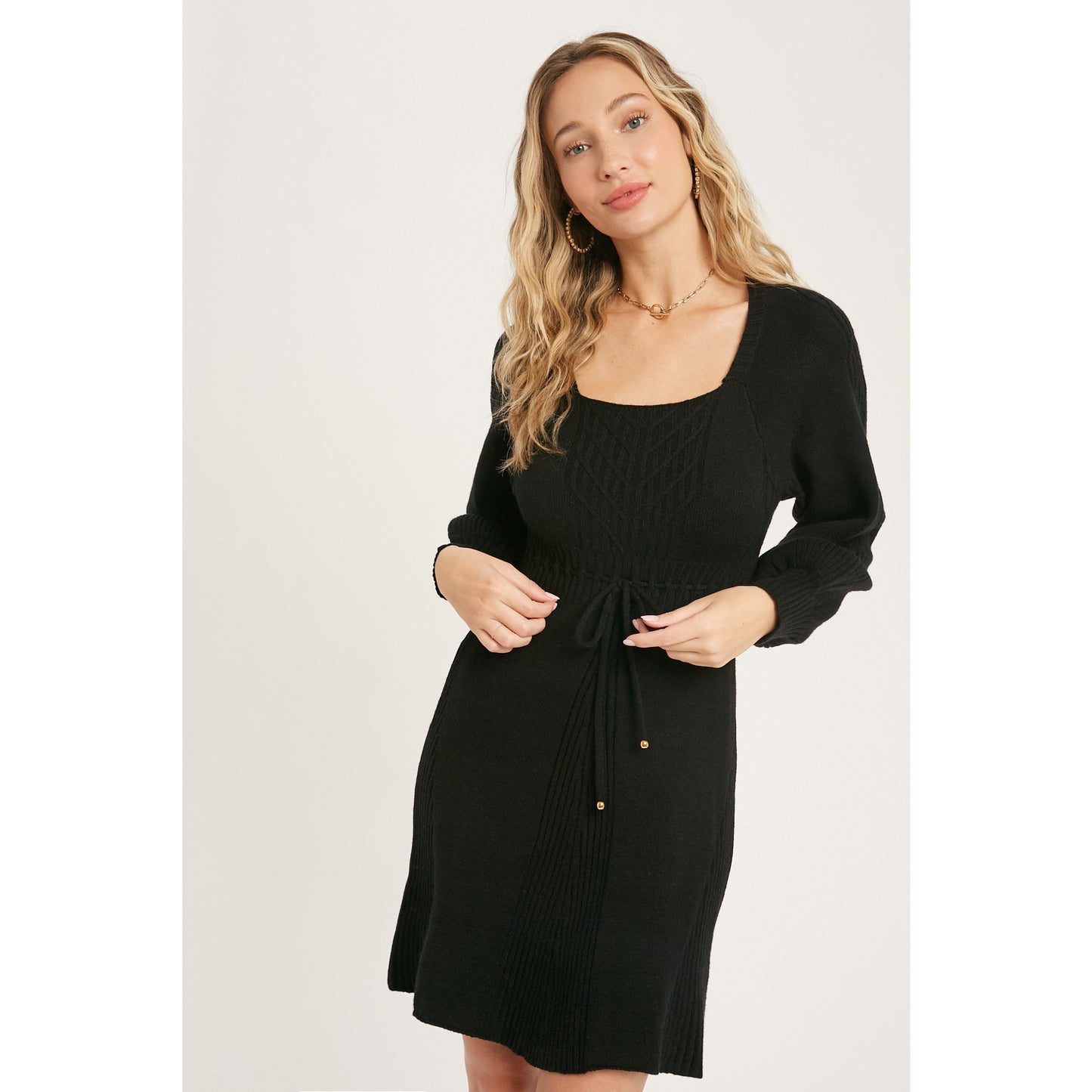 SQUARE NECK CABLE SWEATER DRESS