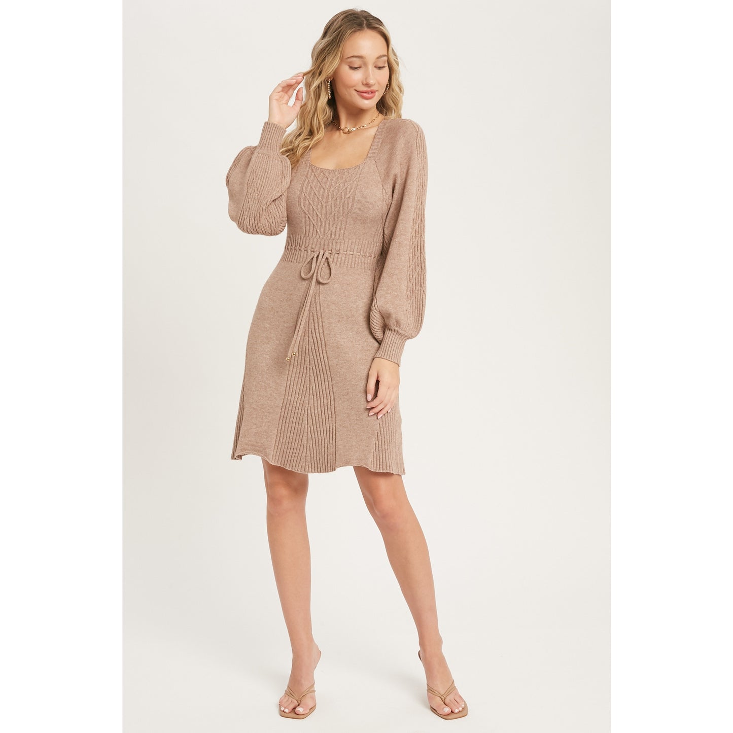 SQUARE NECK CABLE SWEATER DRESS
