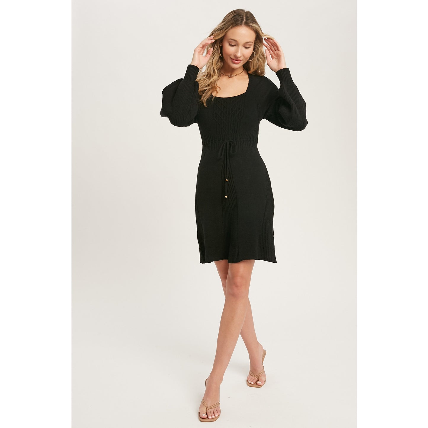 SQUARE NECK CABLE SWEATER DRESS