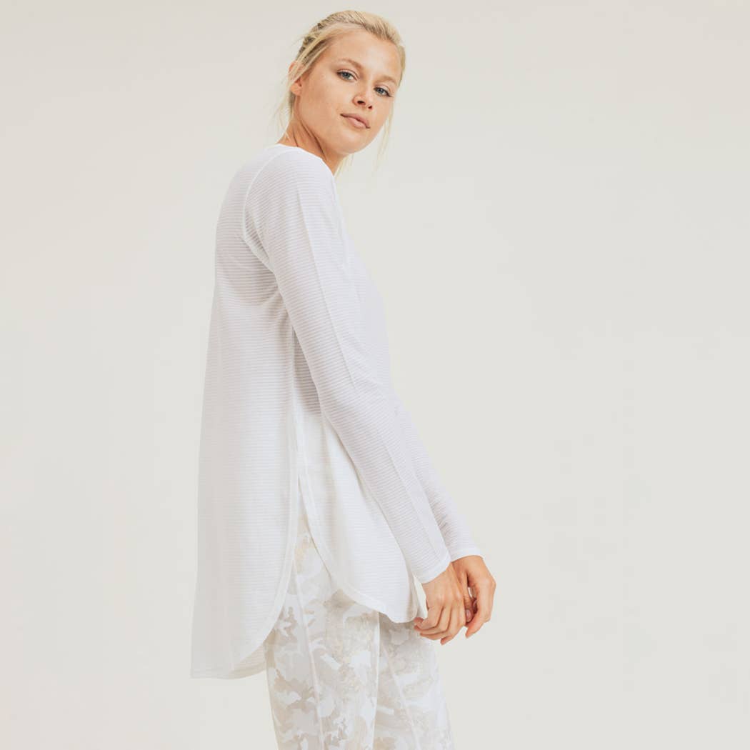 Ribbed Mesh Long Sleeve Top- White