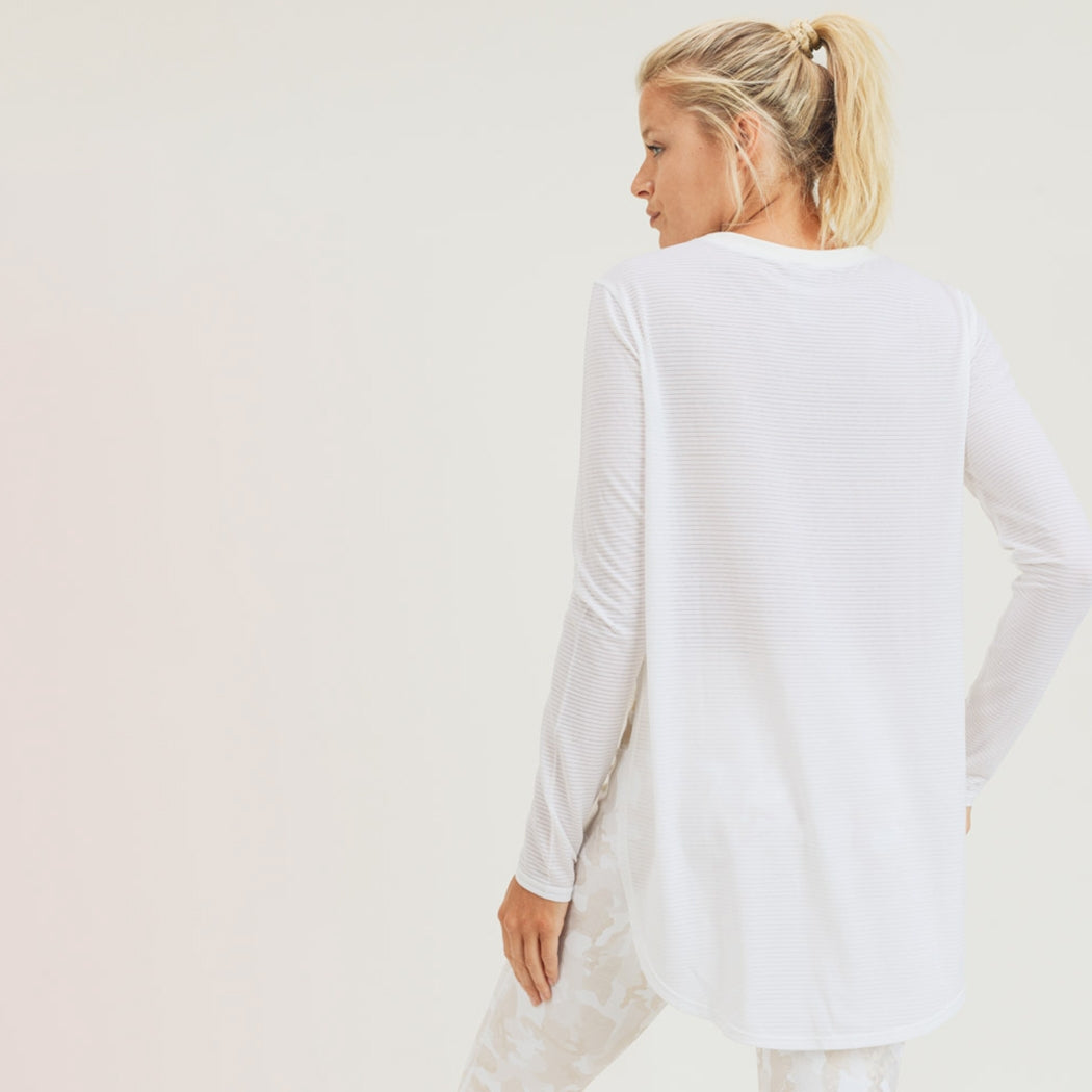 Ribbed Mesh Long Sleeve Top- White
