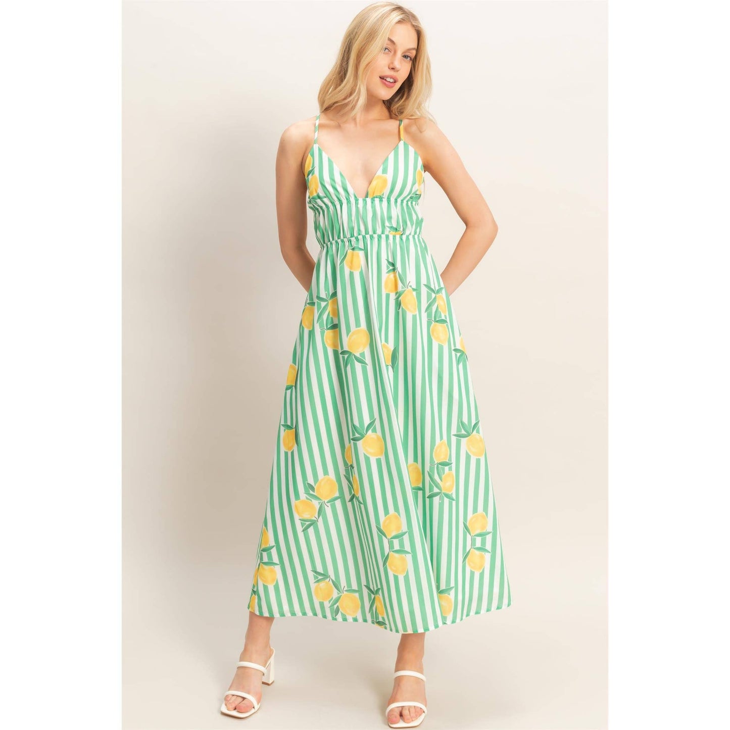 Striped Lemon Print Midi Dress