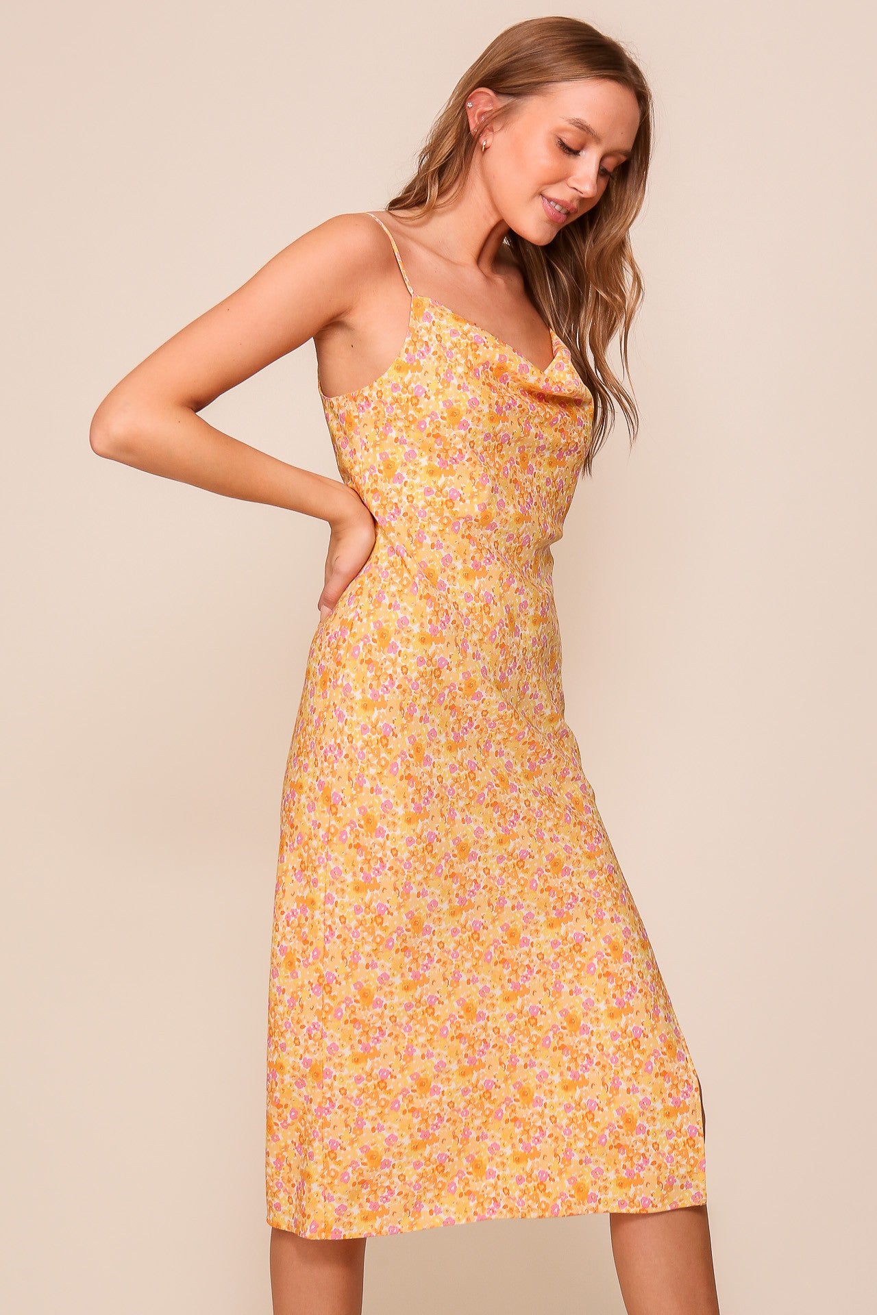 sunset views midi dress Sunset Views Satin Midi Dress Brown Size L from Hello Molly