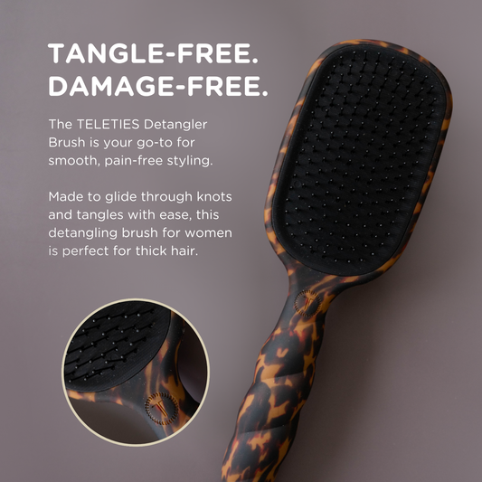 TELETIES detangler hair brush for thick hair with tortoise pattern, designed to gently glide through tangled, coarse hair.