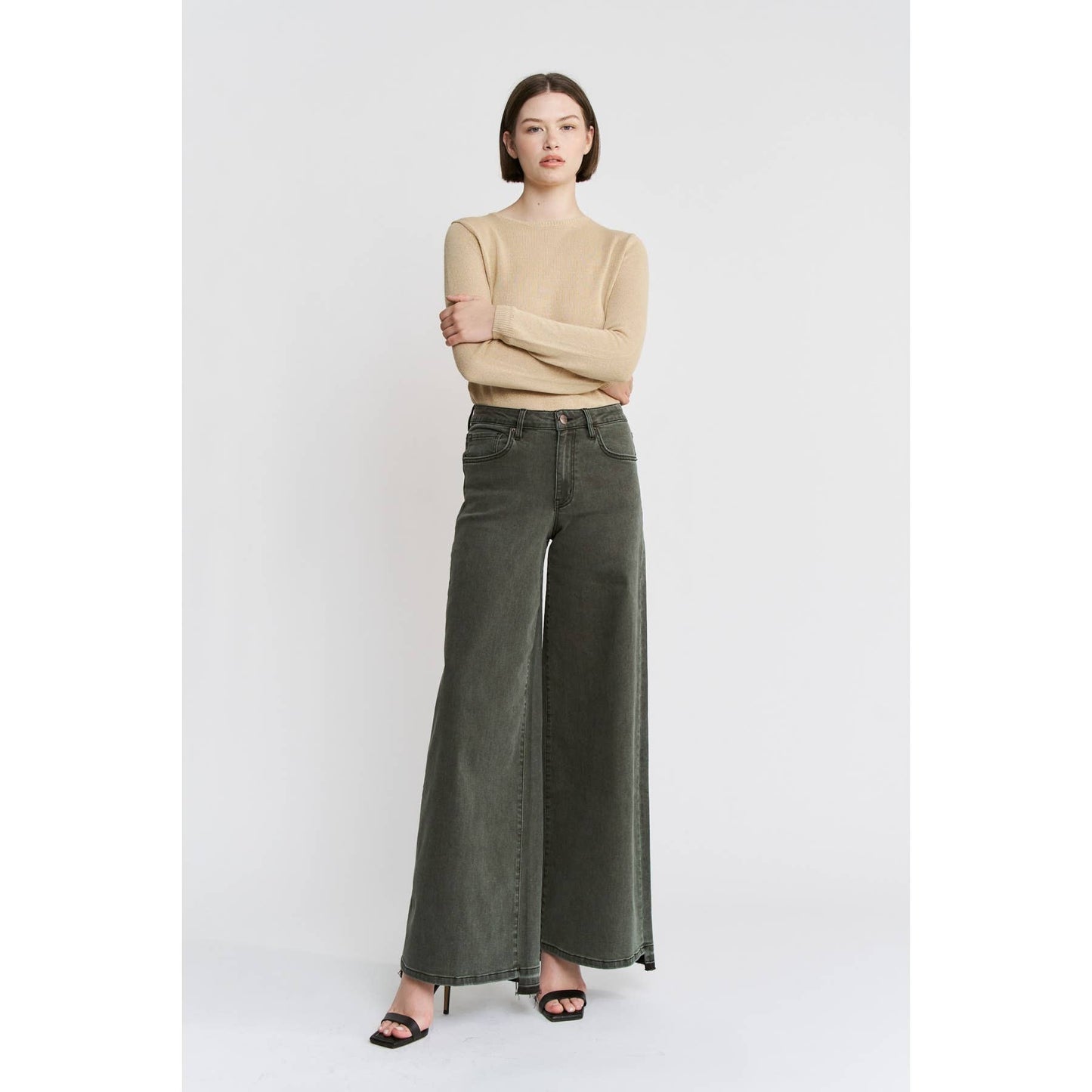Vintage Wash High Rise Wide Leg Jeans - Olive