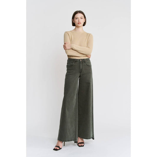 Vintage Wash High Rise Wide Leg Jeans - Olive