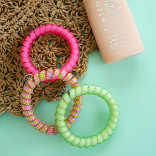 Set of three large TELETIES Summer Crush hair ties with vibrant, colorful silicone design for secure, stylish hair styling.