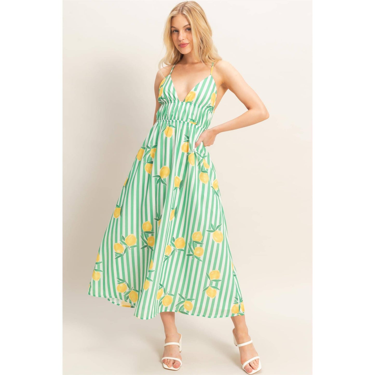 Striped Lemon Print Midi Dress