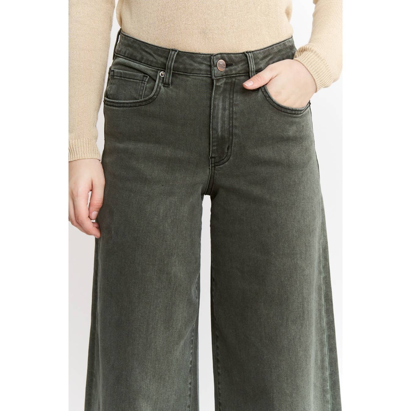 Vintage Wash High Rise Wide Leg Jeans - Olive