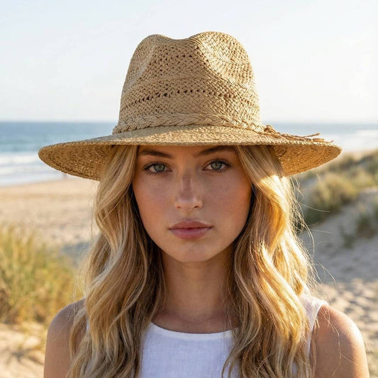 Braided Rope Band Straw Hat with wide brim and stylish design from Can't Hide Pretty Boutique.