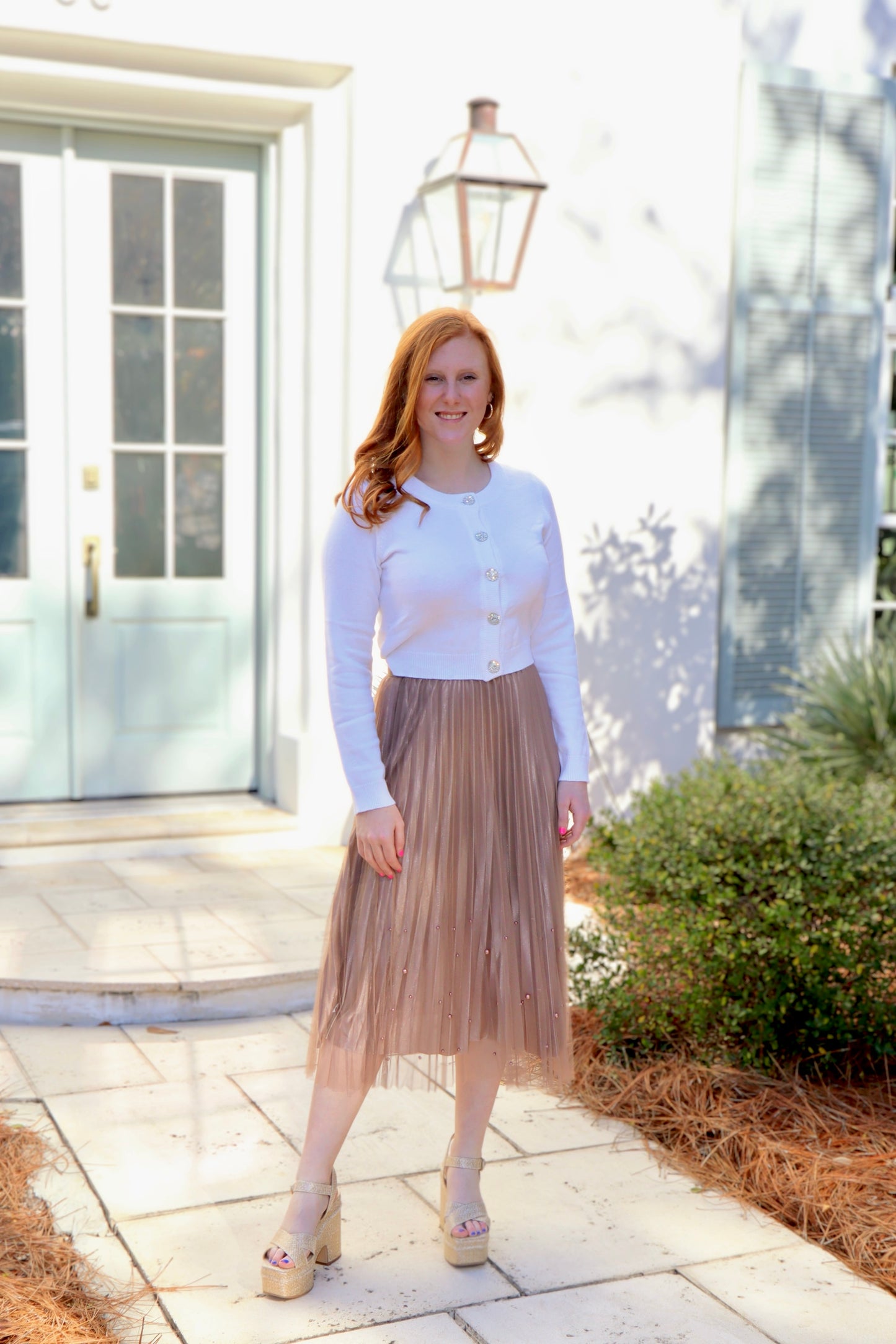 Grace Pleated with Pearl Trim Midi Skirt