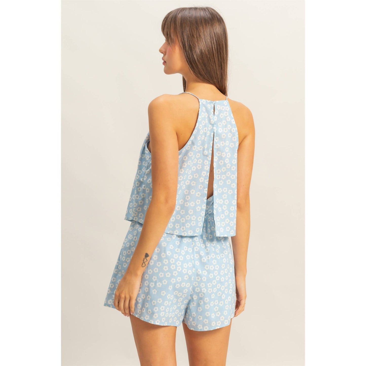 Ditsy Print Halter Neck Open Back Romper