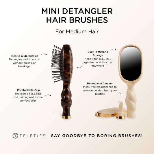 Tan TELETIES Mini Detangler Brush for medium hair with flexible bristles, designed for gentle, tangle-free styling.