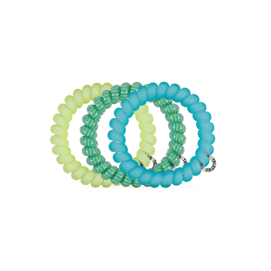 Large TELETIES Cabana Cutie hair ties in vibrant colors, shown coiled and ready to secure hair with a stylish, flexible design.
