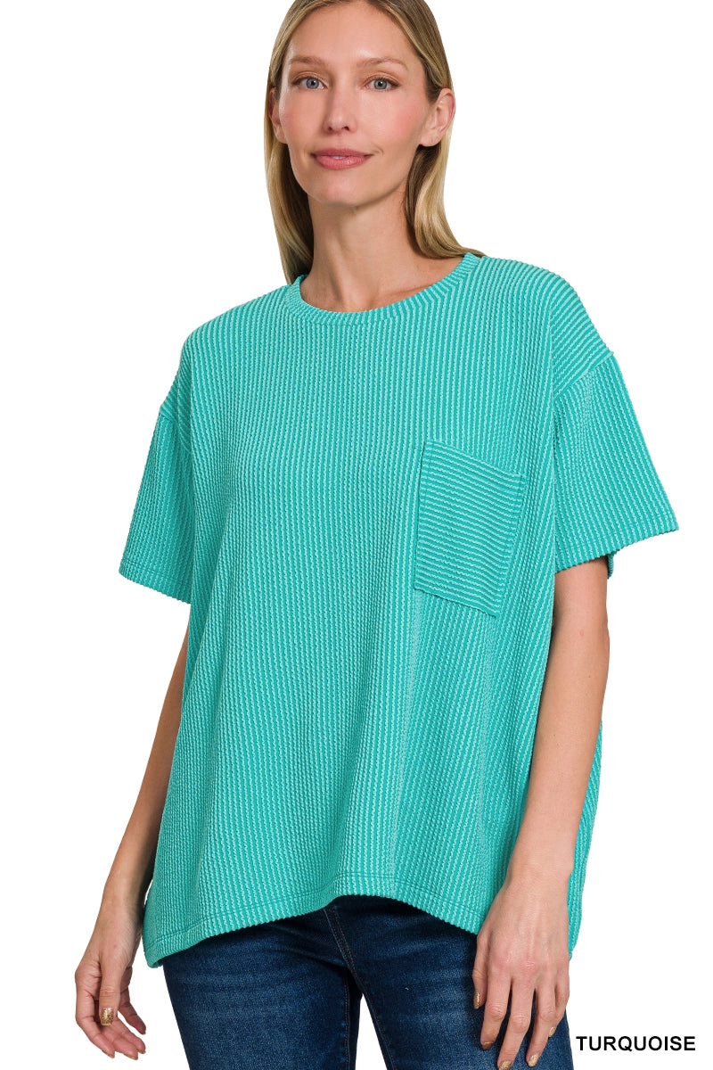 Raised Rib Pocket Tee-Turquoise