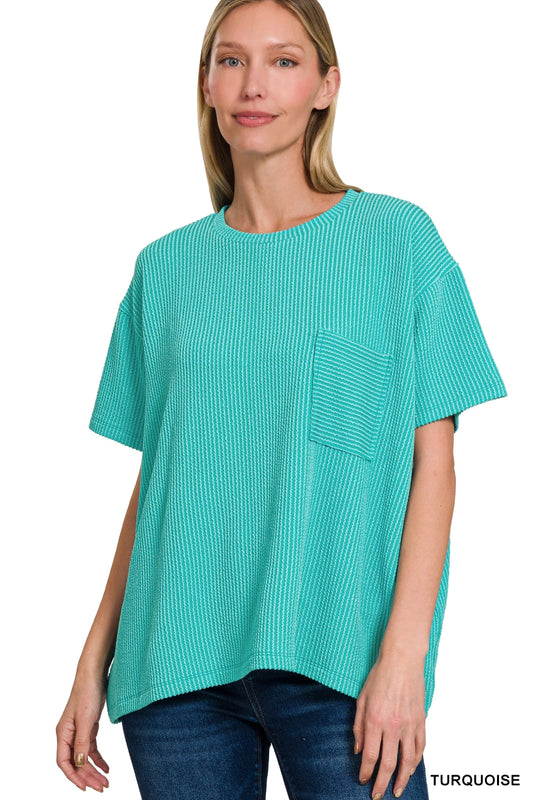 Raised Rib Pocket Tee-Turquoise