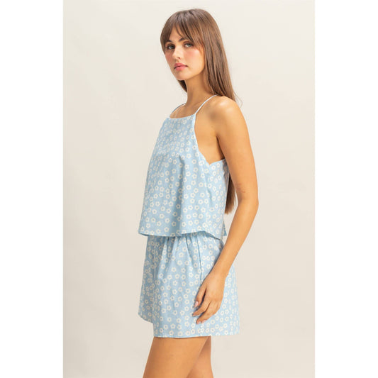 Ditsy Print Halter Neck Open Back Romper