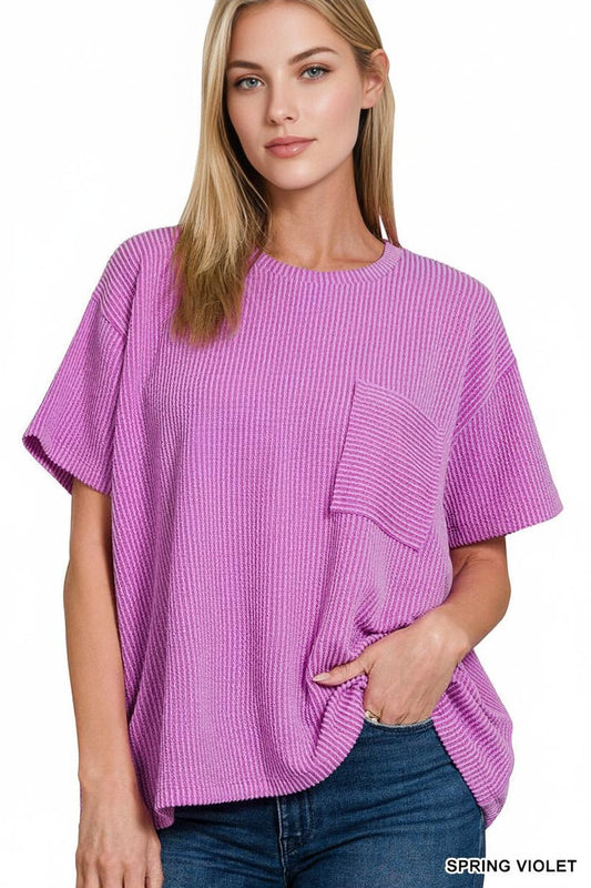 Raised Rib Pocket Tee-Violet