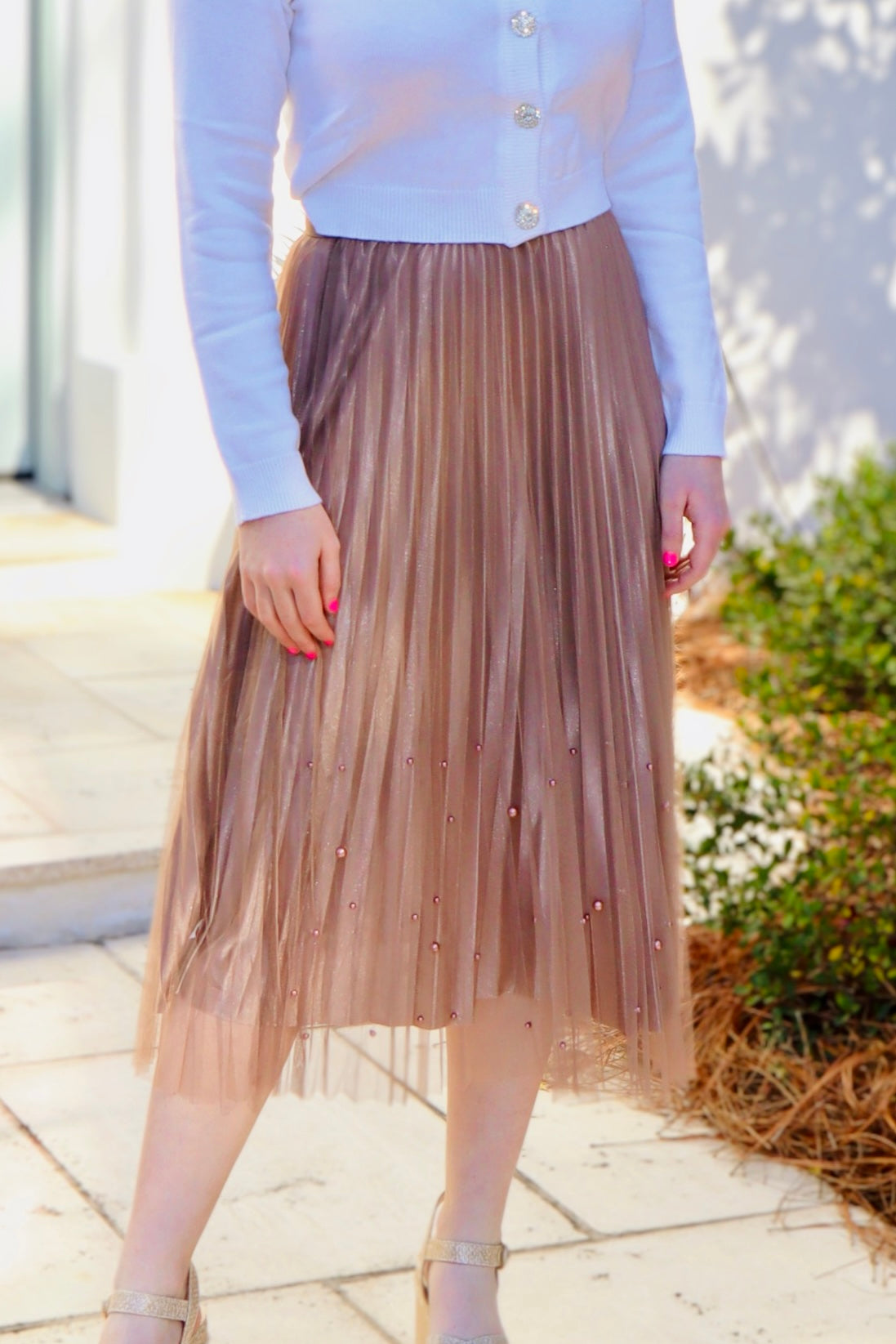 Grace Pleated with Pearl Trim Midi Skirt