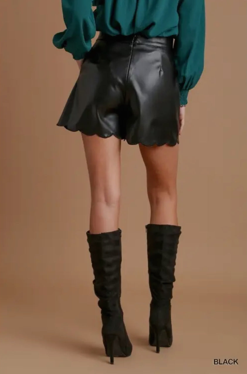 Piper Faux Leather Scalloped Shorts- Black