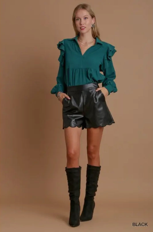 Piper Faux Leather Scalloped Shorts- Black