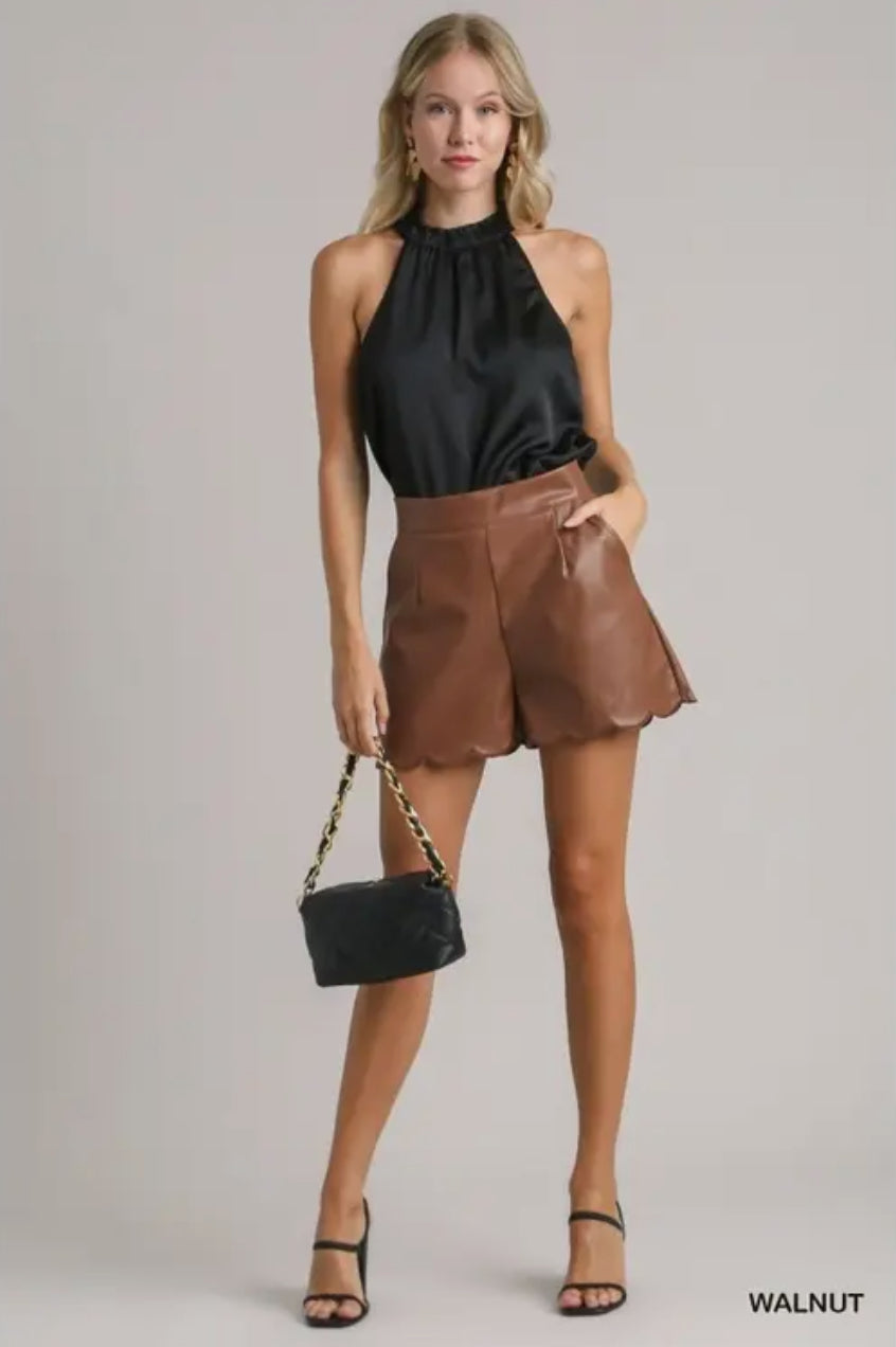 Piper Faux Leather Scalloped Shorts- Walnut