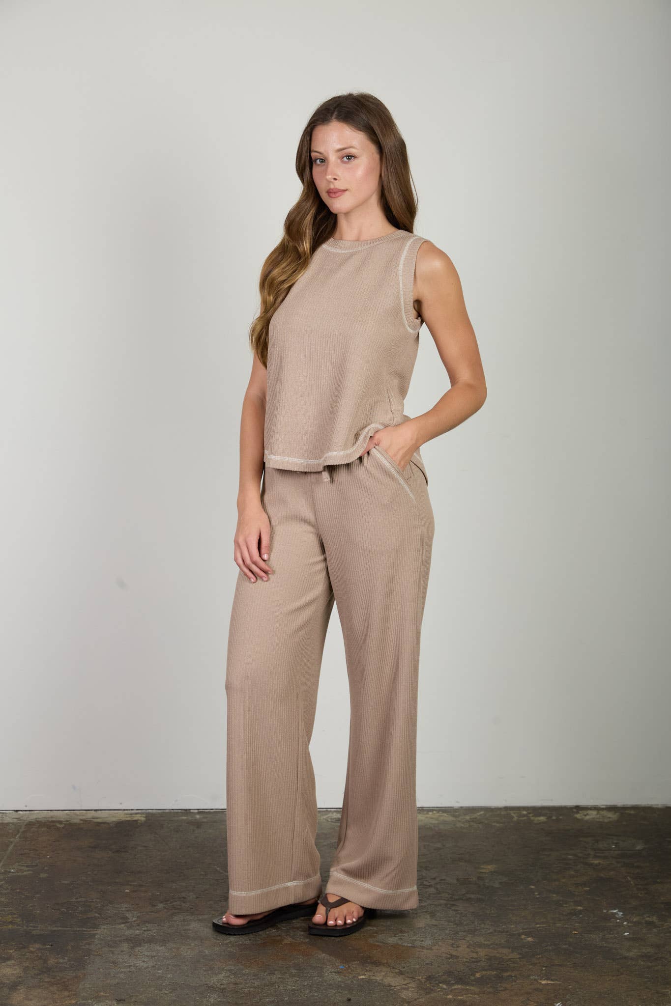 Blu Pepper sandstone lounge set with relaxed fit top and matching pants, casual and comfortable for everyday wear.