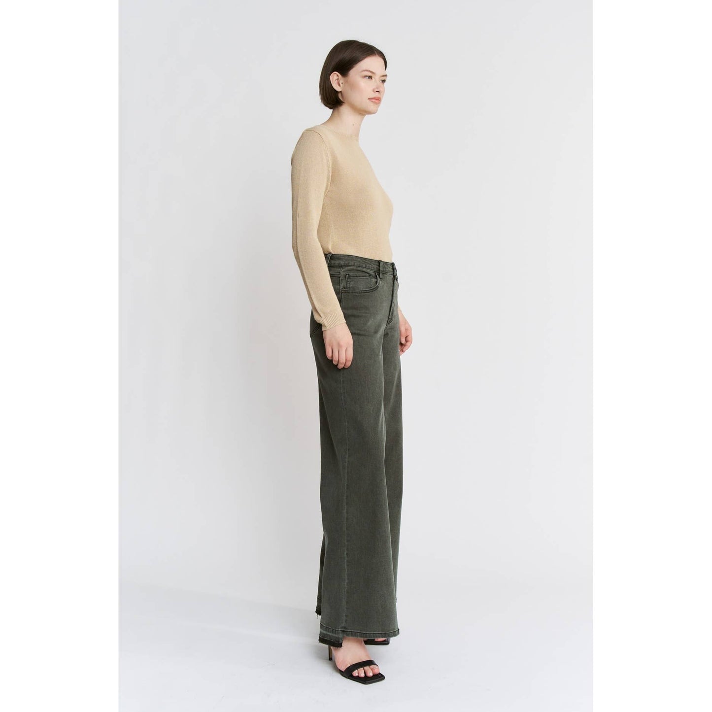 Vintage Wash High Rise Wide Leg Jeans - Olive
