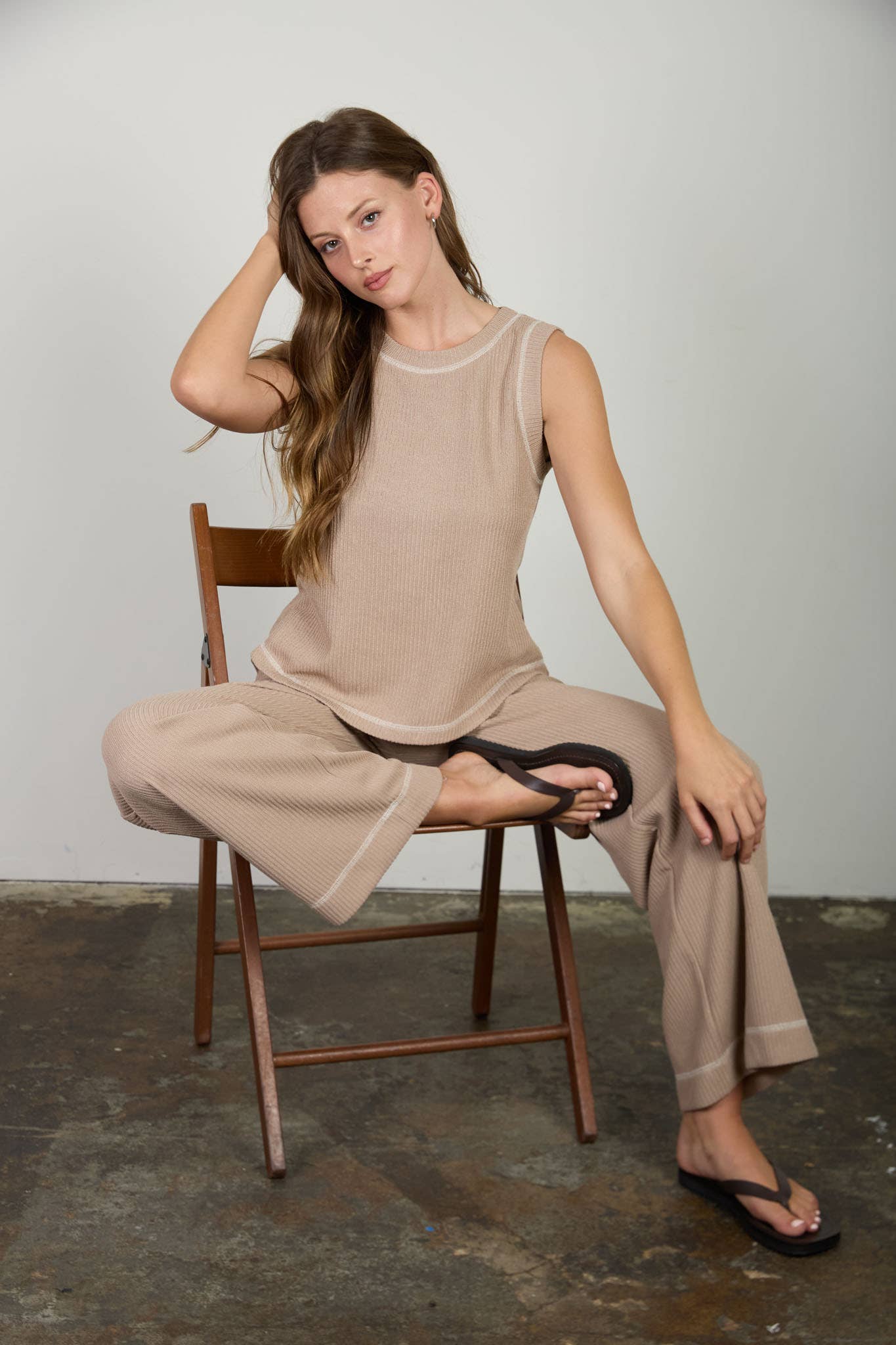 Blu Pepper sandstone lounge set with matching top and pants, soft and comfortable for casual wear.
