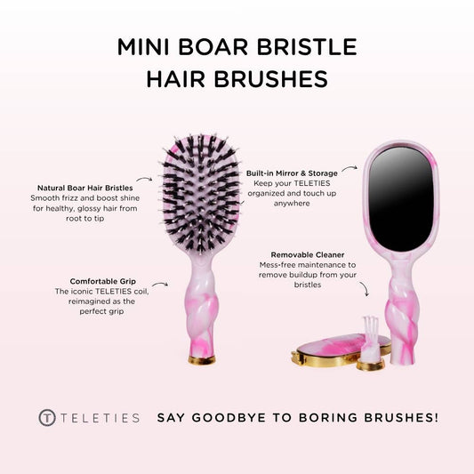 Mini boar brush by TELETIES with natural wood handle and dense boar bristles for gentle hair styling and detangling.