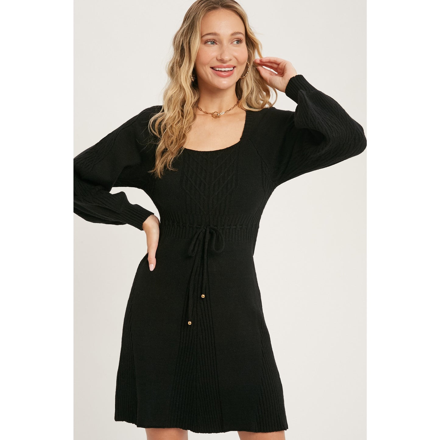 SQUARE NECK CABLE SWEATER DRESS